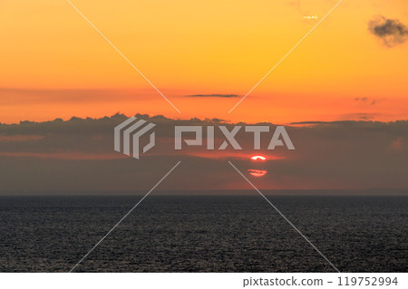 A beautiful sunset over the Pacific Ocean at Hirizo Beach and off Nakagi. Yuusuge Park at Okuirozaki, the southernmost tip of the Izu Peninsula. 2024 119752994