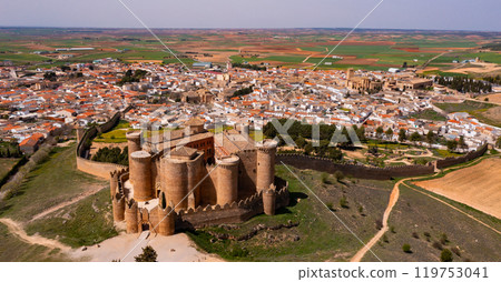 Bird's eye view of Belmonte Castle and municipality, Spain Bird's eye view of Belmonte Castle and municipality, Spain 119753041