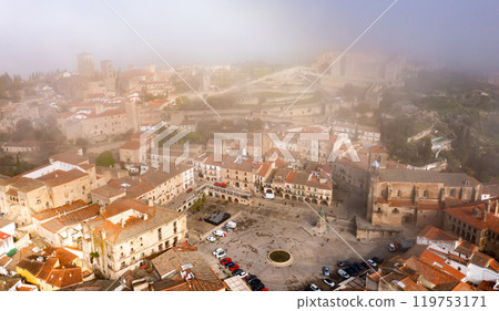 Drone view of Trujillo with Plaza Mayor, Alcazaba and Temple of Santa Maria 119753171