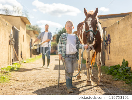 Boy leads horse by leash to feeding 119753191