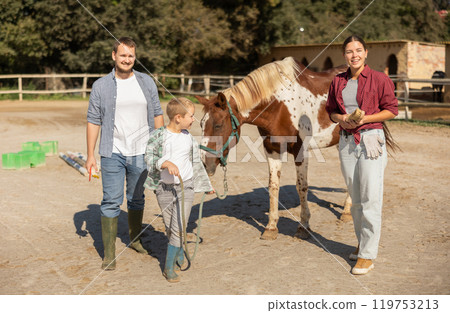 Boy leads horse by leash in paddock 119753213