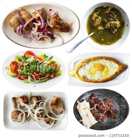 Traditional Georgian dishes over white backgorund 119753283