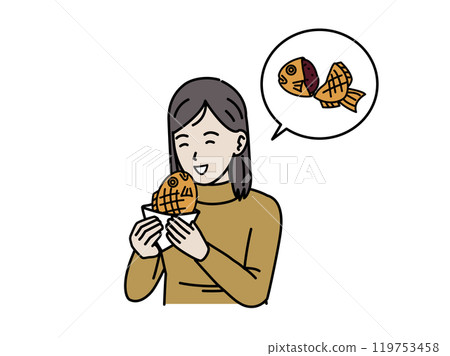 Illustration of a young woman eating taiyaki while walking around Illustration of a young woman eating taiyaki while walking around 119753458