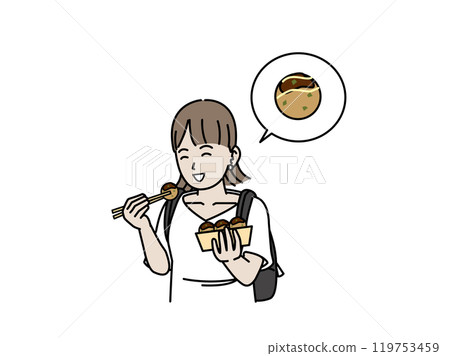 Illustration of a young woman eating takoyaki while walking around Illustration of a young woman eating takoyaki while walking around 119753459