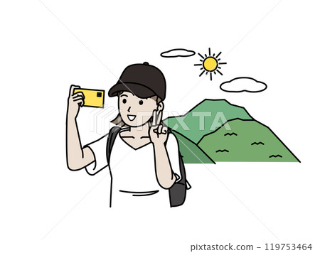 Illustration of a young woman hiking, climbing and taking a selfie with her smartphone Illustration of a young woman hiking, climbing and taking a selfie with her smartphone 119753464