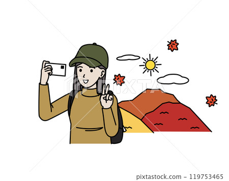 年輕女子徒步、登山和用智慧型手機自拍的插圖 119753465