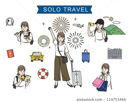 Summer trip, illustration set of a young woman enjoying solo travel 119753466