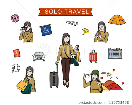 Autumn trip, illustration set of a young woman enjoying solo travel 119753468