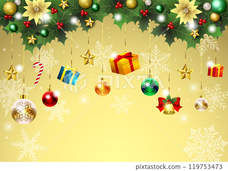 Christmas background, illustration, cute, gold, drop ornament, holly 119753473
