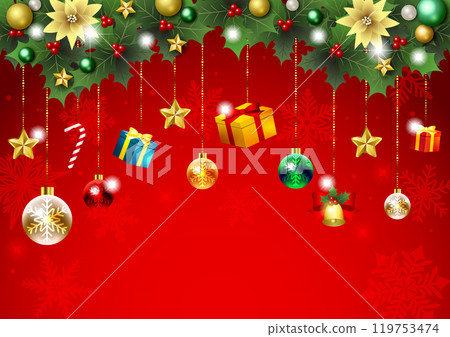 Christmas background, illustration, cute, red, drop ornament, holly 119753474