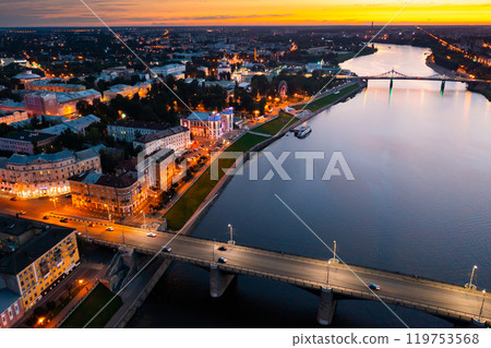 Top view of the bridges over the Volga river in city of Tver. Russia 119753568