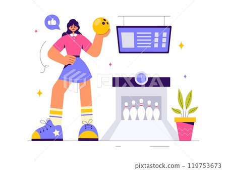 Vector illustration of a Bowling Game with People Throwing Balls, Featuring Pins, Ball, and Scoreboards in a Sport Club and Fun of a Bowling Match Vector illustration of a Bowling Game with People Throwing Balls, Featuring Pins, Ball, and Scoreboards in a Sport Club and Fun of a Bowling Match 119753673