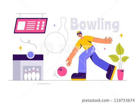 Vector illustration of a Bowling Game with People Throwing Balls, Featuring Pins, Ball, and Scoreboards in a Sport Club and Fun of a Bowling Match 119753674