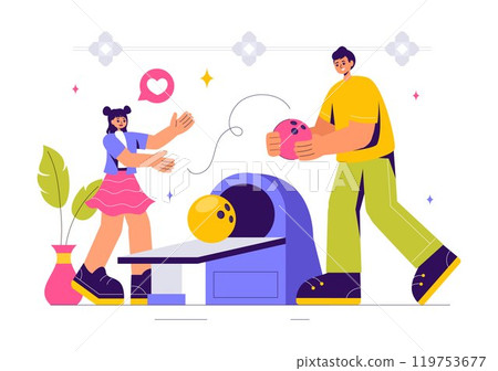 Vector illustration of a Bowling Game with People Throwing Balls, Featuring Pins, Ball, and Scoreboards in a Sport Club and Fun of a Bowling Match Vector illustration of a Bowling Game with People Throwing Balls, Featuring Pins, Ball, and Scoreboards in a Sport Club and Fun of a Bowling Match 119753677
