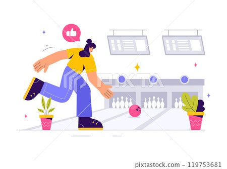 Vector illustration of a Bowling Game with People Throwing Balls, Featuring Pins, Ball, and Scoreboards in a Sport Club and Fun of a Bowling Match 119753681