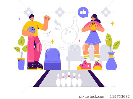 Vector illustration of a Bowling Game with People Throwing Balls, Featuring Pins, Ball, and Scoreboards in a Sport Club and Fun of a Bowling Match Vector illustration of a Bowling Game with People Throwing Balls, Featuring Pins, Ball, and Scoreboards in a Sport Club and Fun of a Bowling Match 119753682