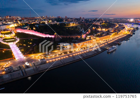 Aerial view of Chkalovskaya Staircase and Nizhny Novgorod Kremlin at night with illumination 119753765