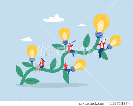Growing mindset culture in workplace HR concept, business people employee working on growing lightbulb plant.cultivating corporate value concept. 119753874
