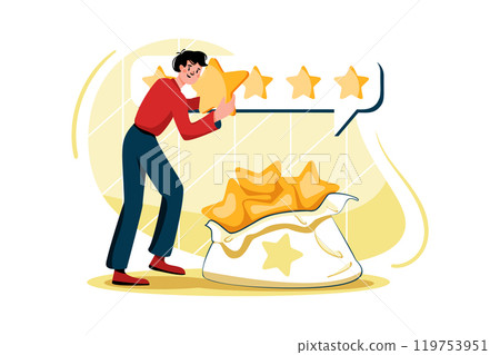 The man takes the star from the big bag to give feedback The man takes the star from the big bag to give feedback 119753951