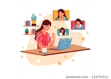 Young woman using the laptop and making video call at home Young woman using the laptop and making video call at home 119754312