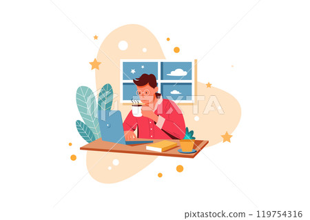 Boy with coffee studying at home with laptop 119754316