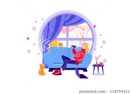 Girl heaving Coffee and relaxing on the sofa Girl heaving Coffee and relaxing on the sofa 119754322