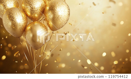 Gold balloons and confetti background 119754412