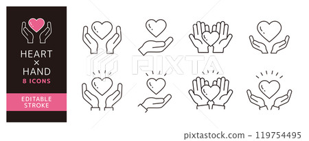 Simple icon set of hands holding a heart _ Thin outline _ Editable 119754495