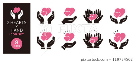 A simple icon set of black hands holding two hearts 119754502
