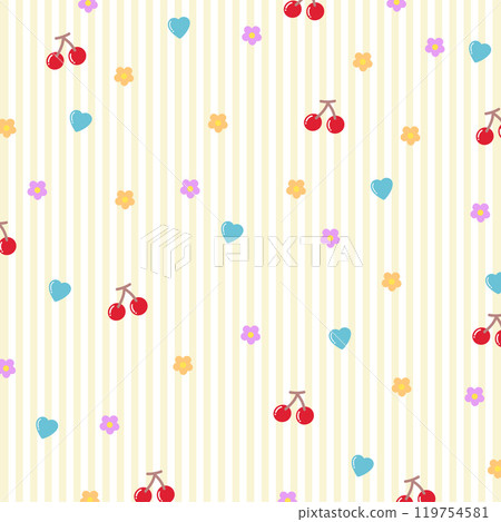 Pastel yellow stripe background with flower, cherry, heart for wallpaper, backdrop, card print, fabric, textile, garment, pet clothes, phone case, picnic blanket, paper design, gift wrap, book cover 119754581