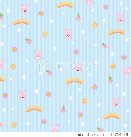 Pastel blue and white stripe background with bunny, rainbow, cherry, star, flower for wallpaper, backdrop, floral print, gift wrap, packaging, paper design, fabric print, picnic blanket, animal, zoo	 119754589