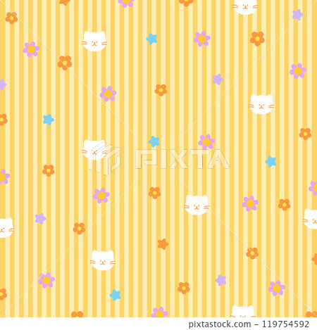 Pastel yellow stripe background with cat, star, flower for wallpaper, backdrop, animal print, fabric, textile, garment, pet cloth, phone case, picnic blanket, kitten cartoon, gift wrap, vet, pet shop 119754592