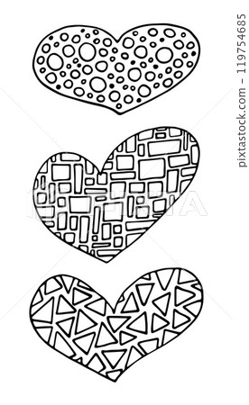 Three heart icons with geometric ornament. Simple abstract lines, hand drawn doodle style. Valentine's love clipart Three heart icons with geometric ornament. Simple abstract lines, hand drawn doodle style. Valentine's love clipart 119754685