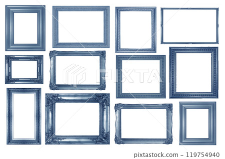collection of silver blue vintage picture and photo frame isolated on white background 119754940