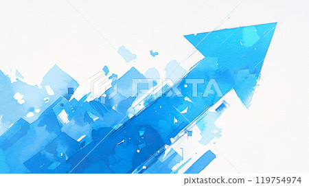 手繪藍色箭頭的水彩插圖，想像在白色背景上快速生長 119754974