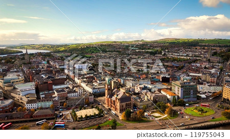 City of Derry aka Londonderry in Northern Ireland aerial view - A Dramatic Cityscape by the River City of Derry aka Londonderry in Northern Ireland aerial view - A Dramatic Cityscape by the River 119755043