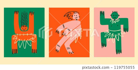 Funny abstract men. Dancing geometric creatures posters. The natives. Vector illustration hand-drawn. 119755055