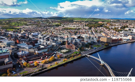 City of Derry aka Londonderry in Northern Ireland aerial view - A Dramatic Cityscape by the River 119755066