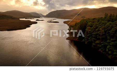 Glenveagh National Park in Donegal Ireland aerial view - The breathtaking landscape features rolling Glenveagh National Park in Donegal Ireland aerial view - The breathtaking landscape features rolling 119755075
