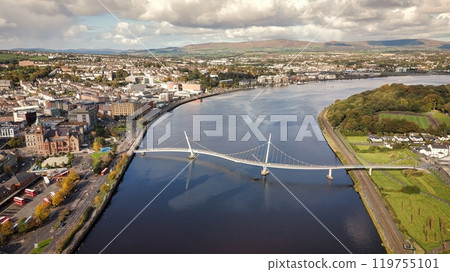 City of Derry aka Londonderry in Northern Ireland aerial view - A Dramatic Cityscape by the River City of Derry aka Londonderry in Northern Ireland aerial view - A Dramatic Cityscape by the River 119755101