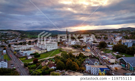 Aerial view over the town of Letterkenny in Ireland in the evening - a breathtaking scenic cityscape 119755113