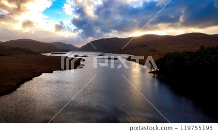 Glenveagh National Park in Donegal Ireland aerial view - The breathtaking landscape features rolling 119755193