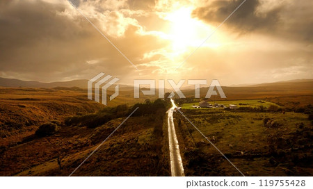 Glenveagh National Park in Donegal Ireland aerial view - The breathtaking landscape features rolling 119755428