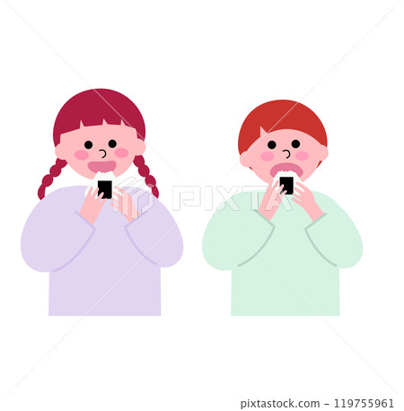 Illustration of a young boy and girl stuffing their cheeks with rice balls 119755961