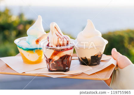 Colorful and cute soft serve ice cream sundaes. A cafe overlooking the Pacific Ocean at Aiai Cape, the southernmost tip of Izu. 2024 119755965