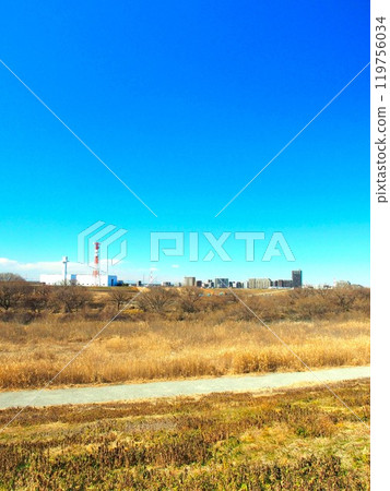 View of the Edogawa riverbed in winter from the bank View of the Edogawa riverbed in winter from the bank 119756034