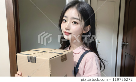 門前拿著紙箱的年輕女子，生成 ai_wide 119756272