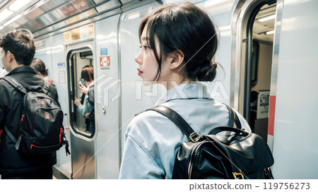 一位背著背包的年輕女子站在地鐵裡的後視圖，生成 ai_wide 119756273