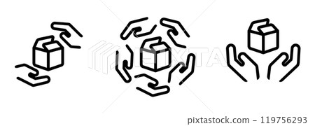 cardboard box and hand icon set illustration line outline stroke symbol of delivery service package shipping handle wit care 119756293