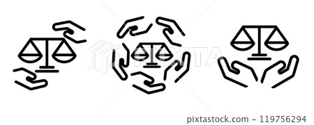 Justice lawyer attorney service scales icon set illustration line outline stroke symbol of balance legal community support with hand gesture 119756294